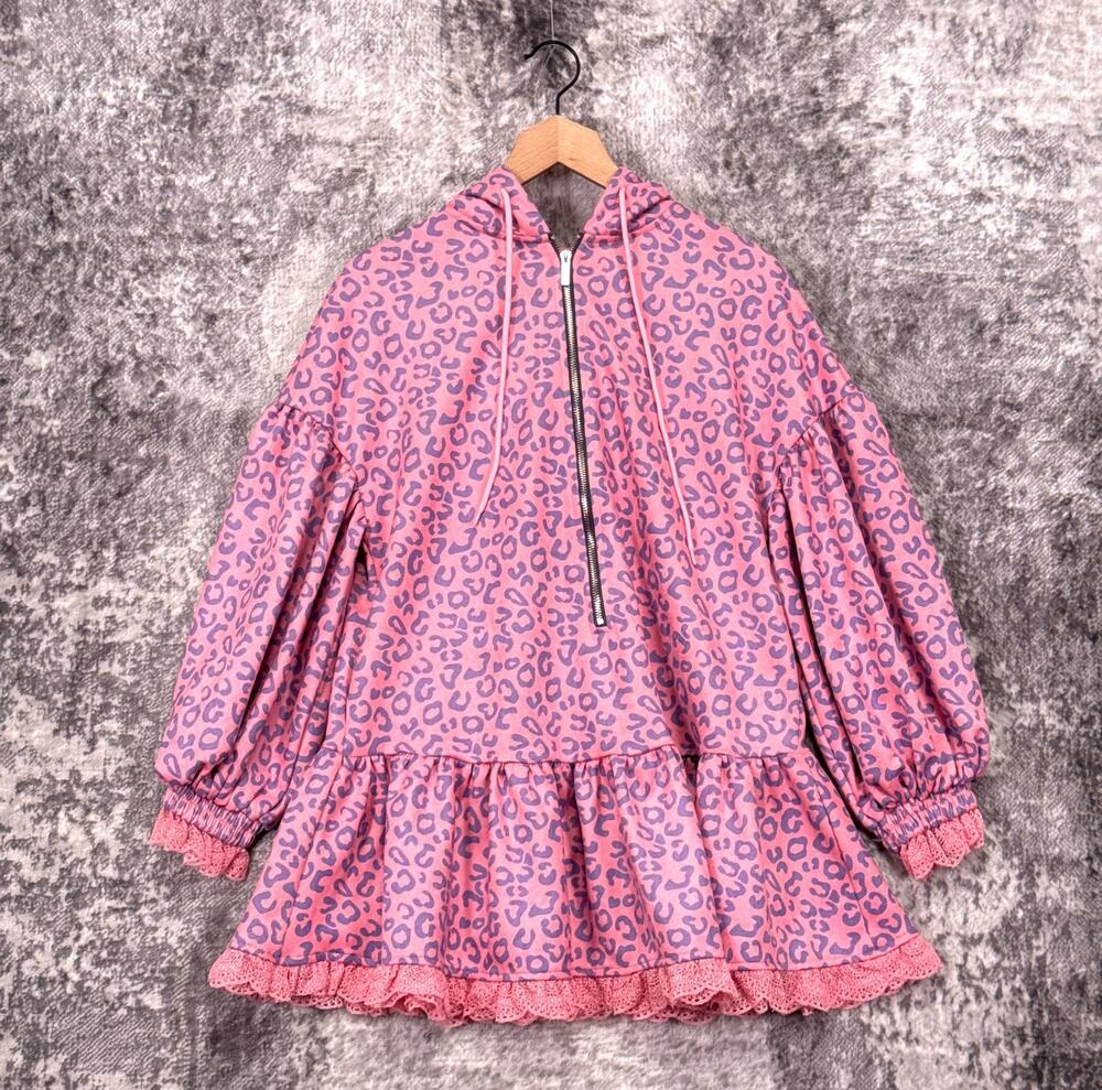 New OYROSY Dress XS Womens Pink Leopard Hoodie Mini Lace Trim